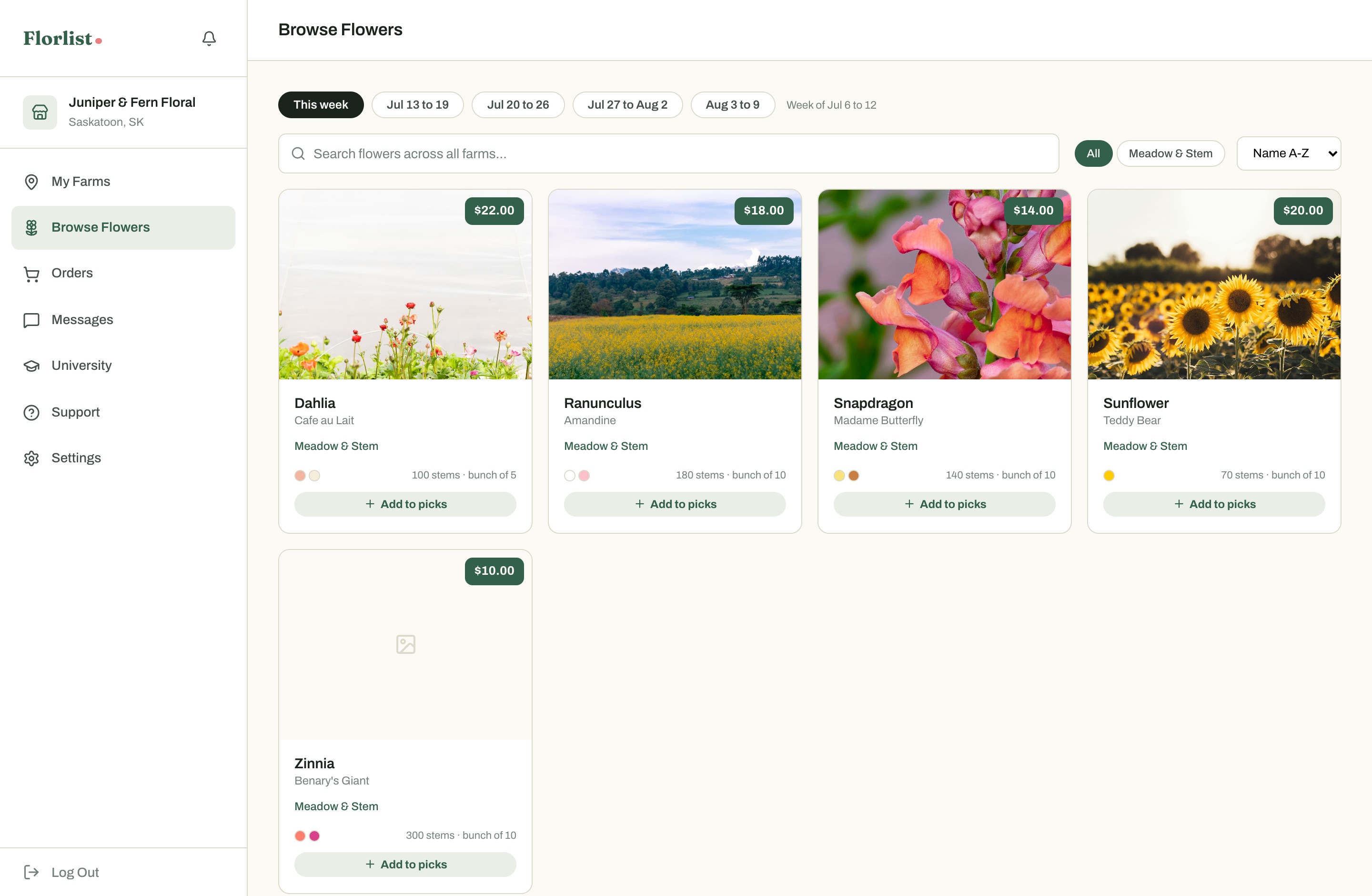 Browse Flowers with week pills and flower cards from multiple farms