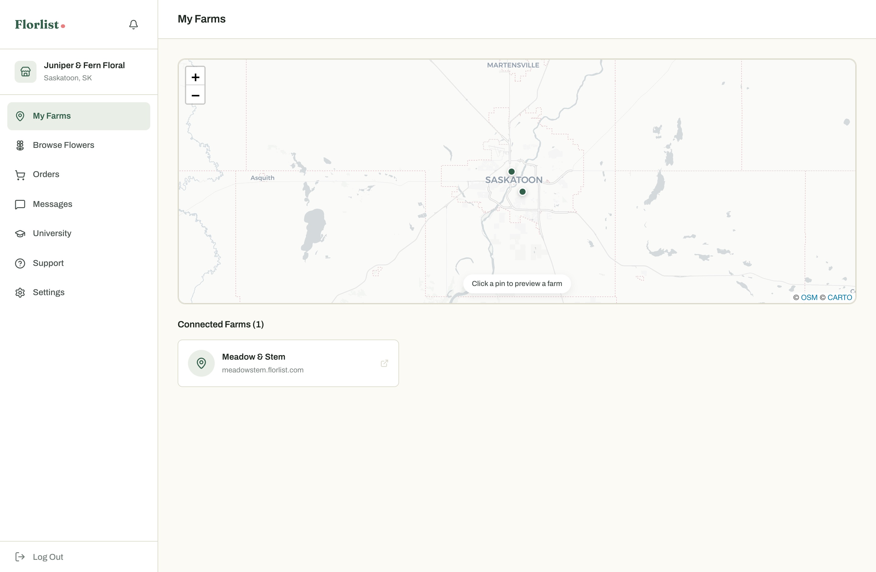 The My Farms list in the florist dashboard